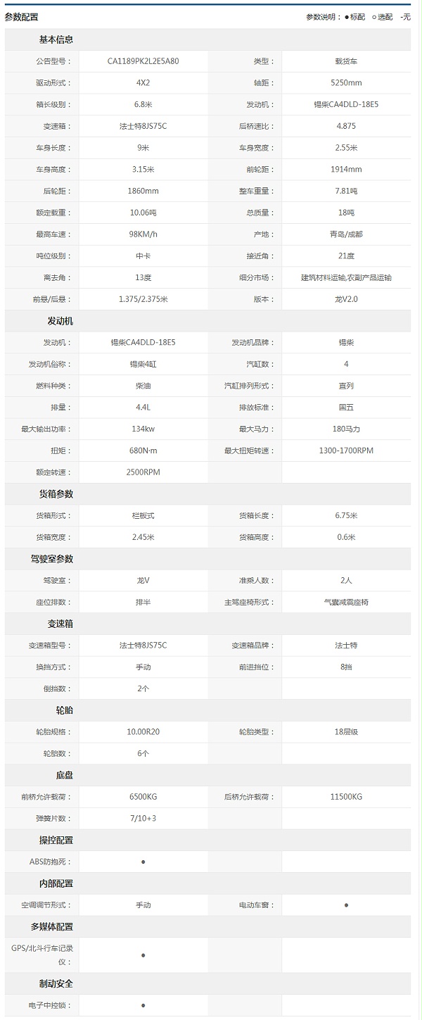 青岛解放-龙V2.0中卡-180马力-4X2-6